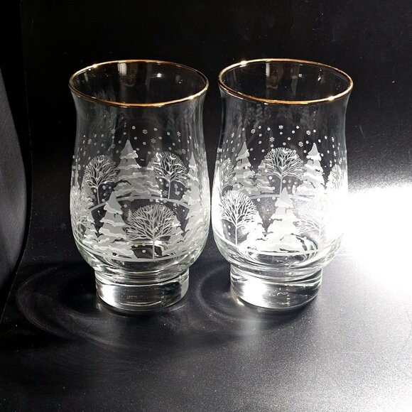 2 Pines White Silhouette Tumblers Glasses 5.25" Lynns China Winter trees gold - Picture 2 of 5